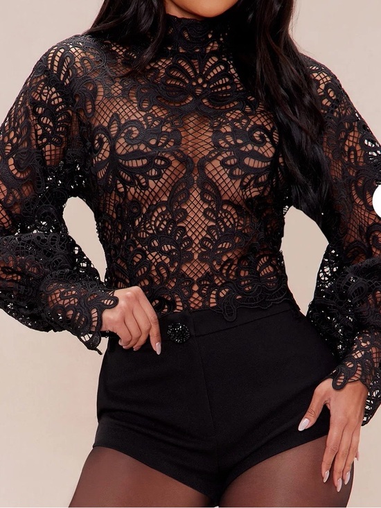 Fashion Nova Tops - Women's Black Lace High-Neck Long-Sleeve Top